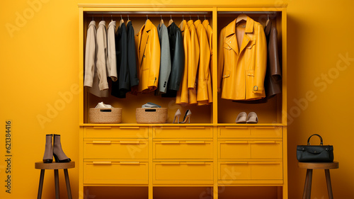 Yellow closet for clothes and shoes, closet, hallway indoors with yellow background, minimalist and retro style © HelgaQ