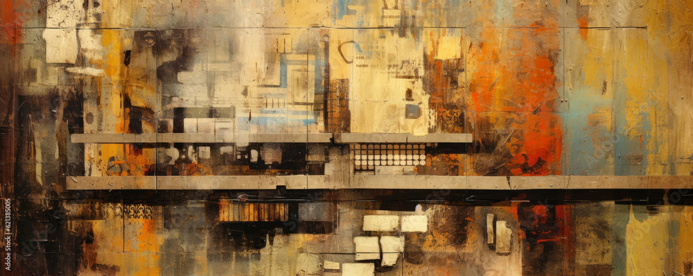 Fototapeta premium fusion of abstract elements and industrial textures on a gritty background, capturing the essence of urban decay and creative reinvention panorama