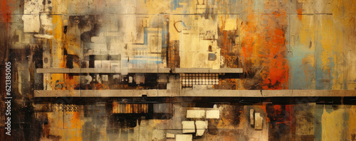 fusion of abstract elements and industrial textures on a gritty background, capturing the essence of urban decay and creative reinvention panorama