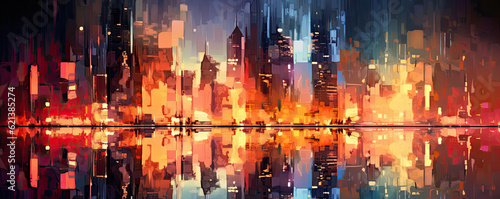 abstract background resembling a vibrant cityscape at twilight  with glowing lights and reflections  capturing the urban energy and allure panorama