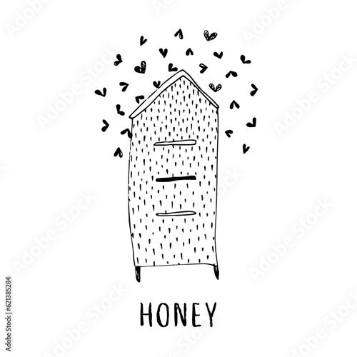Hand-drawn bee house. Cartoon hive with bees. 
