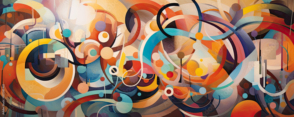 symphony of abstract shapes and colors on a vibrant background, evoking a sense of joy, movement, and playfulness panorama
