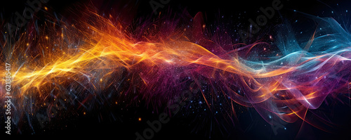 cascade of abstract particles and light trails on a dark background, reminiscent of a mesmerizing fireworks display panorama