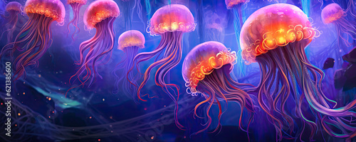 abstract background resembling a surreal underwater realm, with floating jellyfish and bioluminescent organisms, immersing the viewer in an enchanting aquatic experience panorama