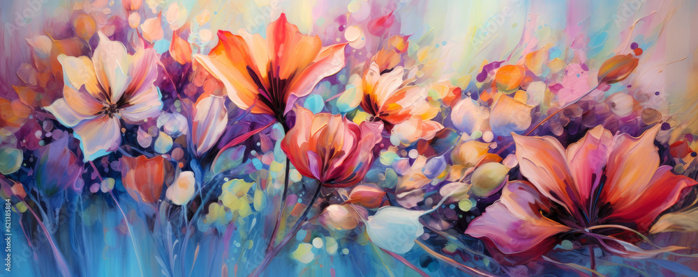 symphony of abstract flowers in bold and vibrant colors, blooming on an energetic and lively background, creating a celebration of nature's beauty panorama
