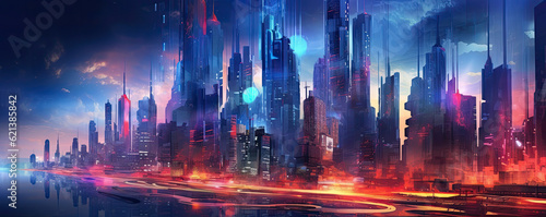 futuristic cityscape on an abstract background, with towering skyscrapers and neon lights, showcasing the integration of technology and urban living panorama
