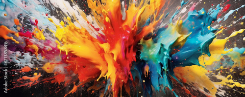 cascade of colorful paint splatters on an abstract background, creating an explosion of creativity and expression panorama