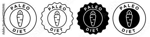 Paleo Diet icon for healthy natural lifestyle. Vector sign symbol collection of organic food plan for fat body. Circular round badge stamp emblem of ketosis meal with protein supplements set label web