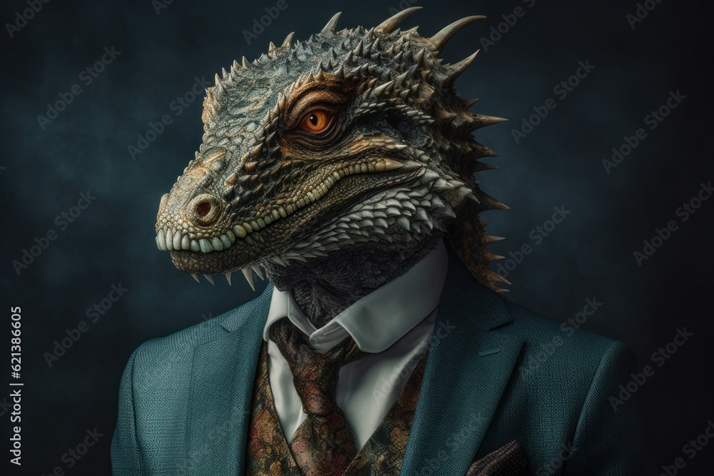 Anthropomorphic dragon dressed in a suit like a businessman. Business Concept. AI generated, human enhanced.