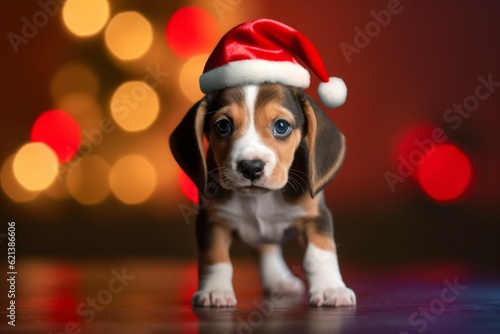 Cute puppy in Santa Claus hat or christmas red cap. Beagle dog. AI generated, human enhanced © top images