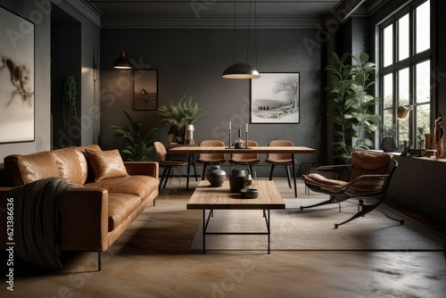 Style loft interior with leather armchair. AI generated, human enhanced © top images