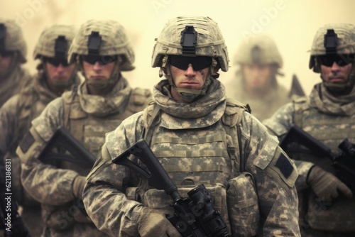 Portrait of an American soldier in the ranks with selective focus. AI generated, human enhanced