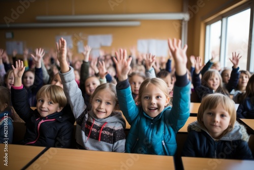 Children raise their hands to answer in the classroom. Back To School concept. Backdrop with selective focus
