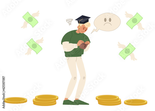Student with empty wallet. Upset guy has no money. Finance problems concept. Vector illustration in cartoon style.