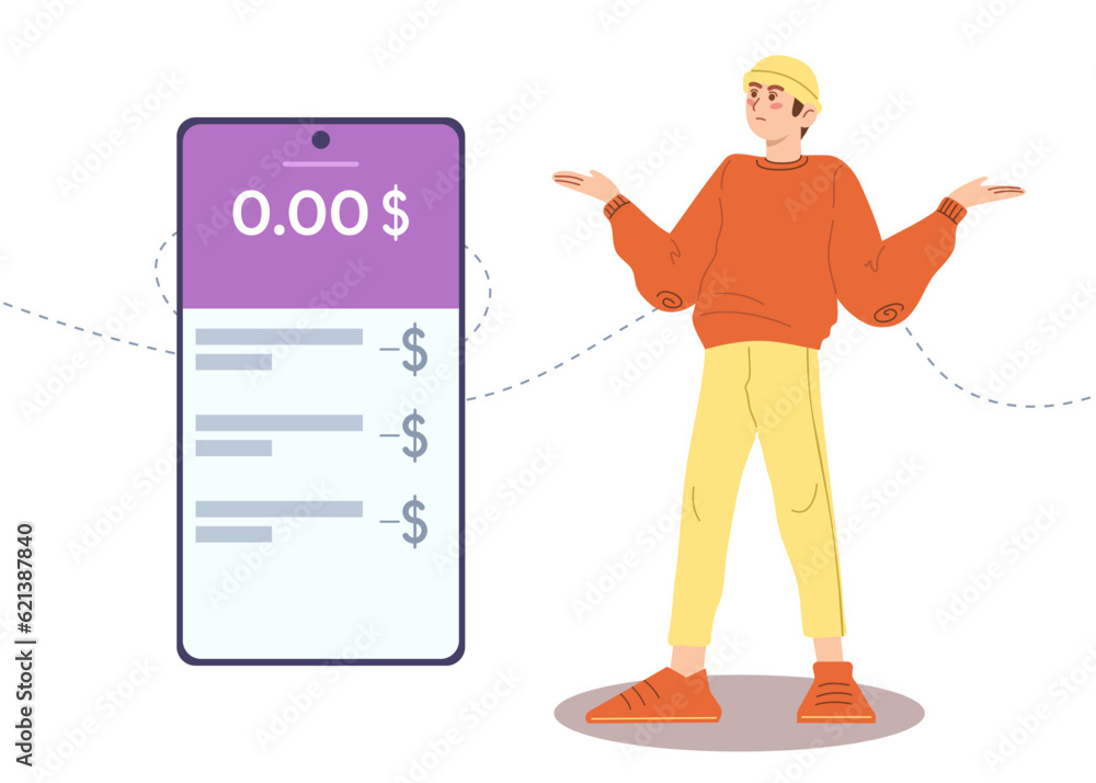 Young man with empty bank account. Mobile banking. App for bank. Finance problems. Vector illustration in cartoon style. Young man with empty bank account. Mobile banking. App for bank. Finance problems. Vector illustration in cartoon style.
