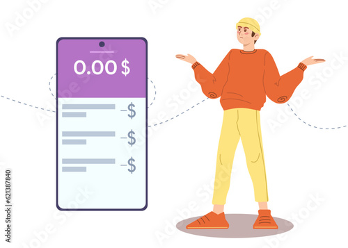 Young man with empty bank account. Mobile banking. App for bank. Finance problems. Vector illustration in cartoon style.