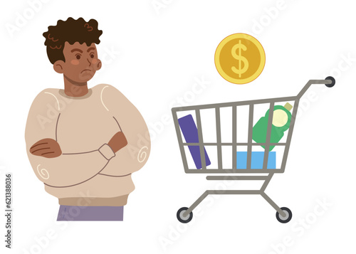 Angry man with cart. Expensive food, goods. Money trouble concept. Vector illustration in cartoon style. Isolated.