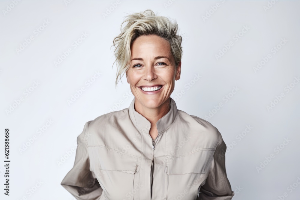 woman in his 40s that is wearing a modern jumpsuit against a white background woman in his 40s that is wearing a modern jumpsuit against a white background
