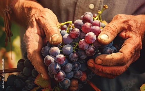 Farmer man hand holding bunch of grapes on hand close up view generative ai