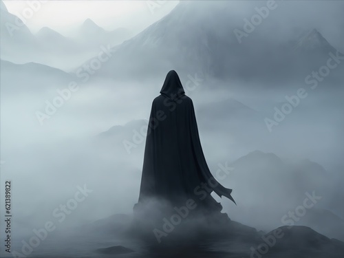 Alone spooky hooded figure in mist. Digital painting illustration created with Generative AI technology.
