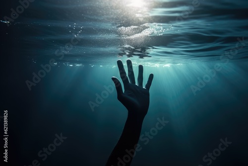 The hand of a drowning man above the surface of the water