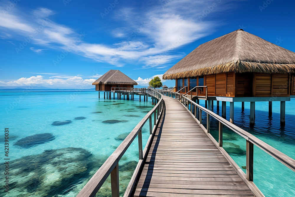 Overwater bungalows in ocean.