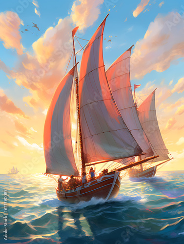 A large gorgeous sailboat against a mesmerising seascape. Hand-drawn illustration for children's book cover. Generative AI.