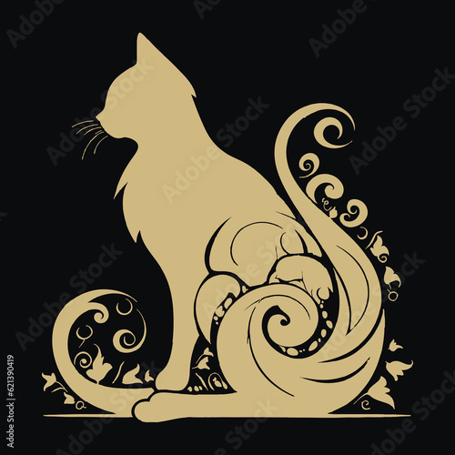 Vintage ornamental cat silhouette. Floral patterned old retro art nouveau style beautiful golden cat pattern with swirls, lines, flowers. Black modern background. Vector ornate isolated design