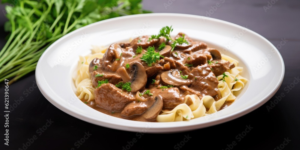 beef stroganoff and noodles on plate, created with Generative AI