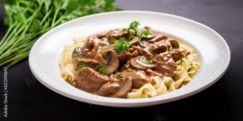 beef stroganoff and noodles on plate, created with Generative AI
