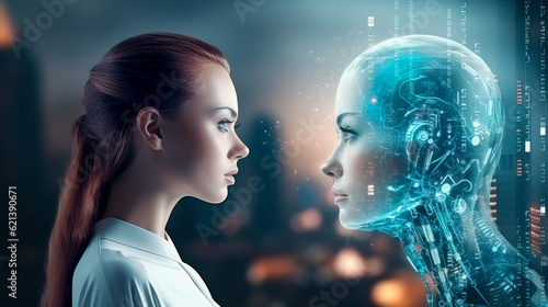 Close up of young woman and female robot couple, LGBT concept. Beautiful futuristic humanoid android woman, romantic relationships. Love. Generative AI © Dan Martin