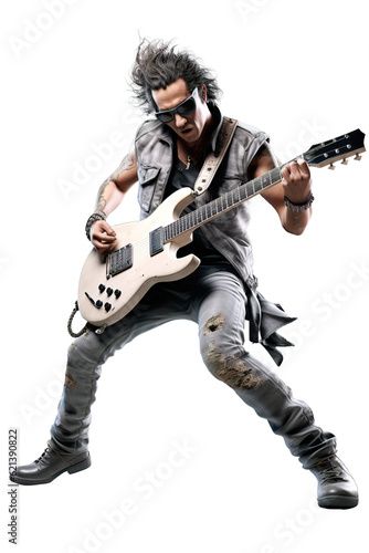 Rockstar playing guitar on isolated transparent background photo