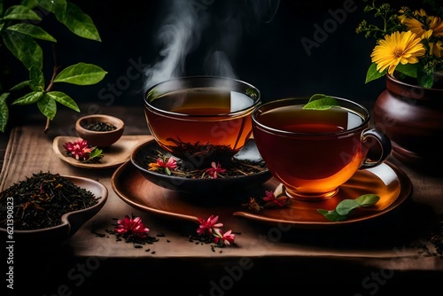 Tea ceremony, a cup of tea, enjoy, feel good, , flowers, herbs, lie on the table, photorealistic, mystical