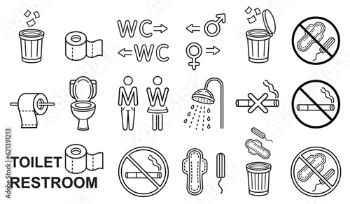 Public toilet WC, man and woman restroom, shower room, paper tissue towel roll icon set. Do not flush litter down lavatory pan. Hygiene sanitary pad. No smoking sign. Throw napkin in trash can. Vector