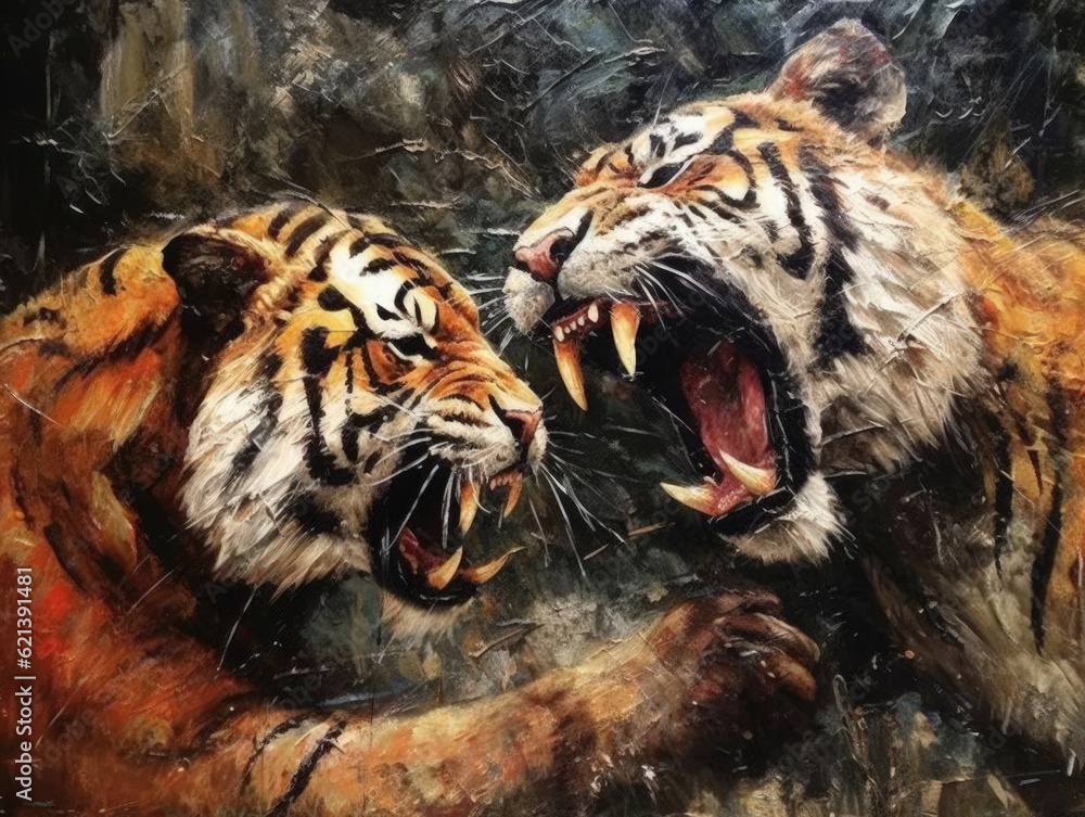 Primal Fury: A Dramatic Painting of a Tiger and Lion Locked in a Battle for Dominance Ai Generative