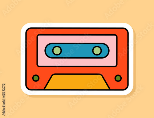 Vector Retro Audio cassette sticker isolated on yellow background. 70s style cartoon icon with white contour