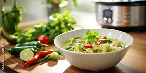 thai green curry chicken in bowl slow cooker recipe on kitchen countertop created with generative AI