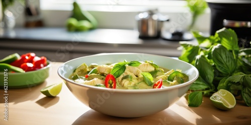 thai green curry with chicken in bowl created with generative AI