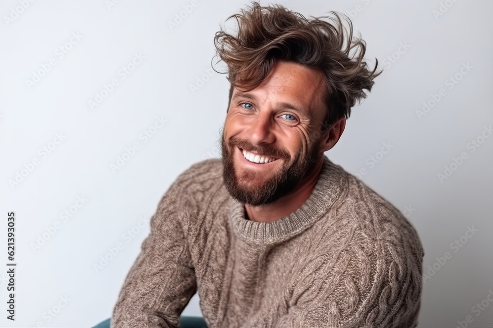 man in his 30s that is wearing a cozy knit sweater against a white background man in his 30s that is wearing a cozy knit sweater against a white background