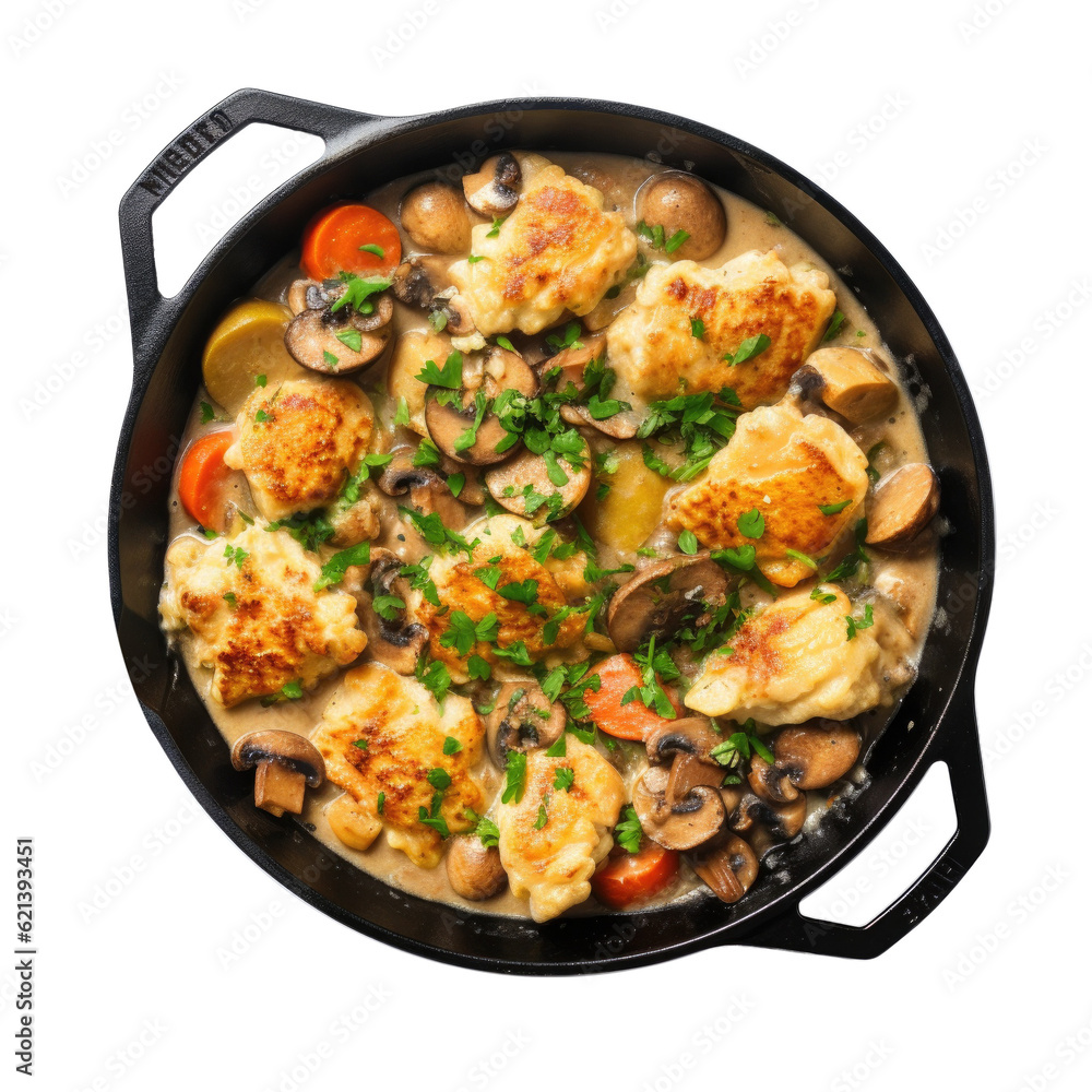 Delicious Skillet of Chicken and Dumplings on a Transparent Background Delicious Skillet of Chicken and Dumplings on a Transparent Background