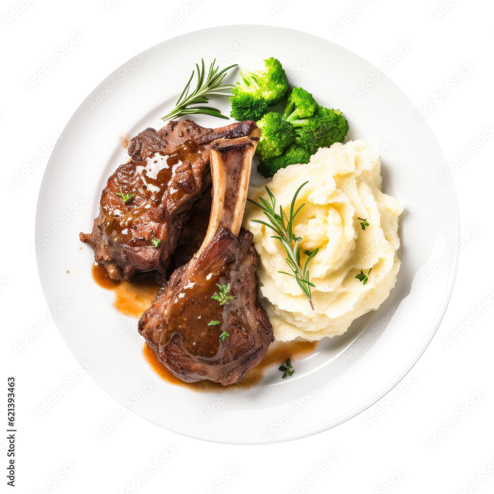 Plate of Lamb Chops and Mashed Potatoes isolated on a Transparent Background