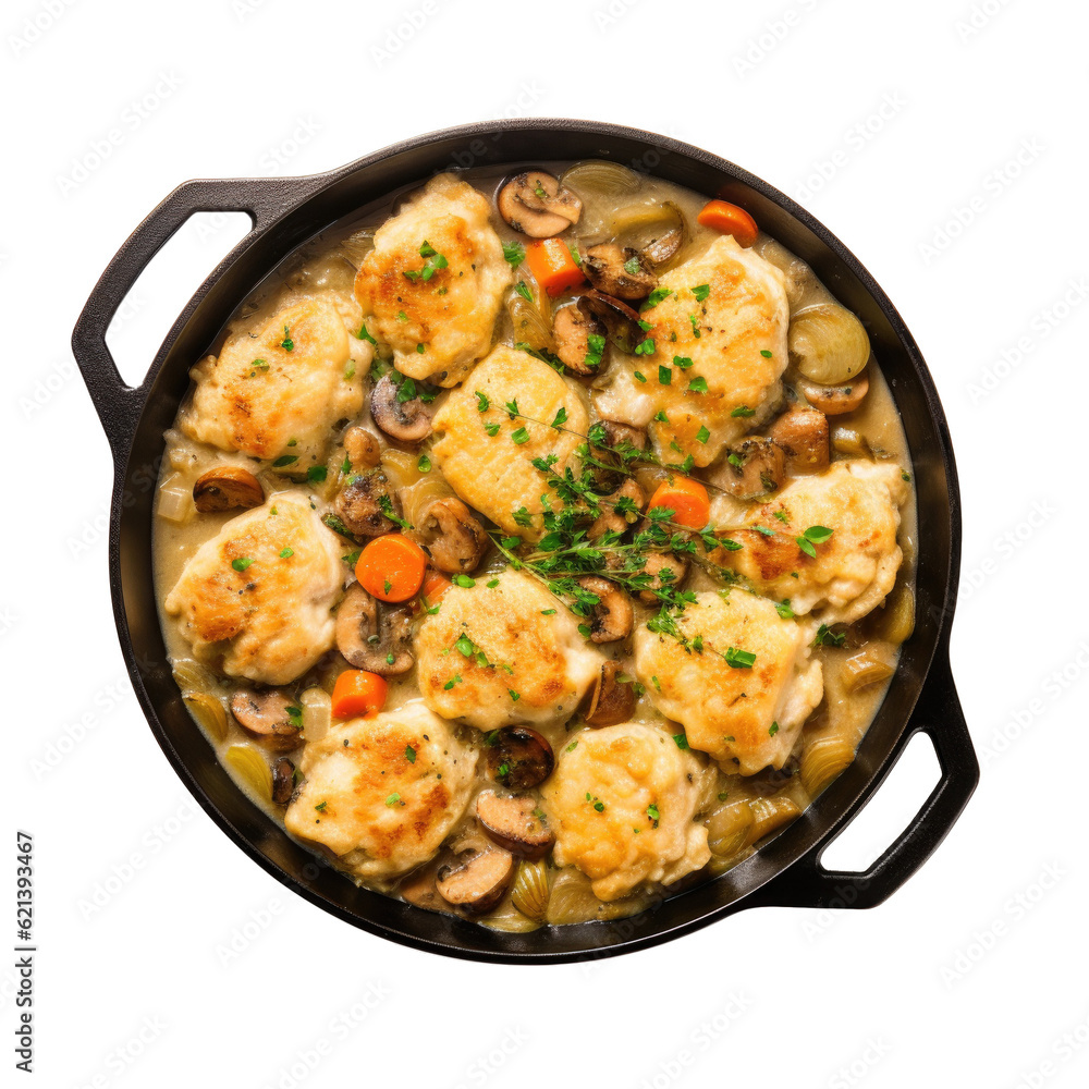Delicious Skillet of Chicken and Dumplings on a Transparent Background Delicious Skillet of Chicken and Dumplings on a Transparent Background