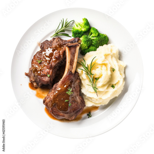 Plate of Lamb Chops and Mashed Potatoes isolated on a Transparent Background