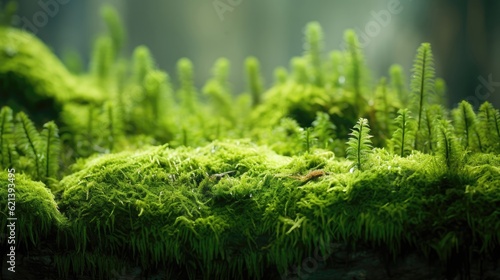 The velvety texture of moss grass invites gentle caresses, offering a comforting sensation beneath one's fingertips. Generative AI