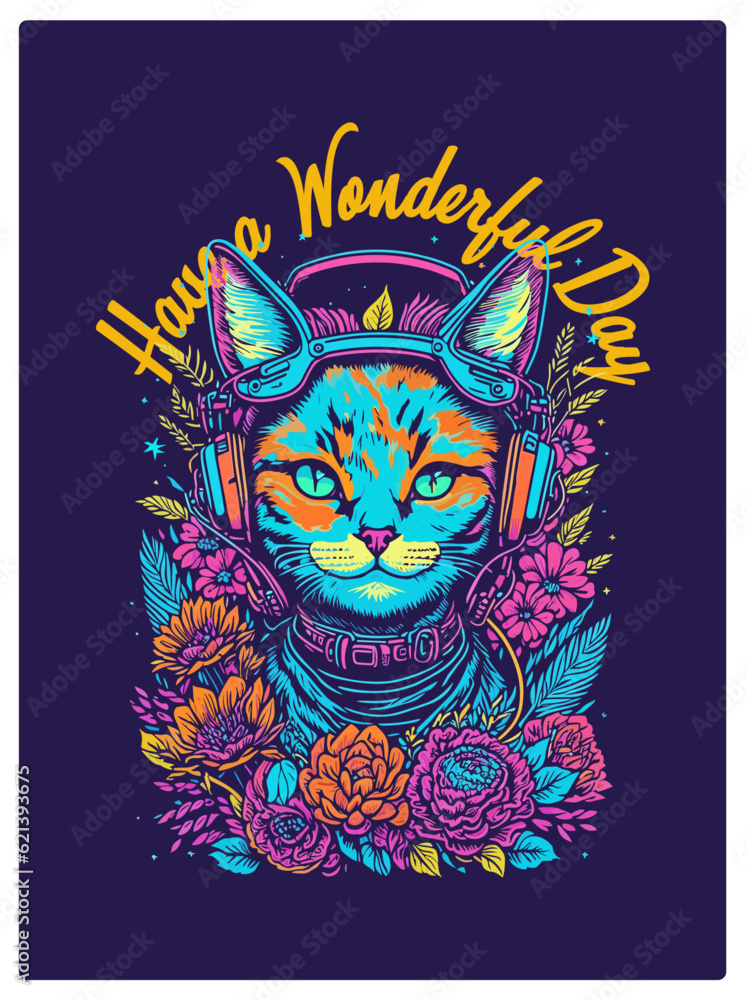 Happy Wonderful Day t shirt design, as vibrant neon colors with a retro style, suitable for printing on t-shirts, prints, posters 