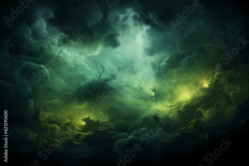 An image that shows green smoke in space and black background. AI generative