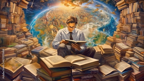 Knowledge exploration: Images depict individuals immersed in books, symbolizing the journey of acquiring knowledge and expanding one's horizons