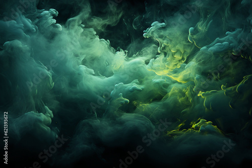 An image that shows green smoke in space and black background. AI generative