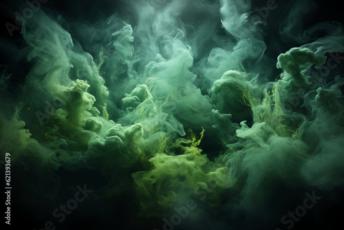 An image that shows green smoke in space and black background. AI generative