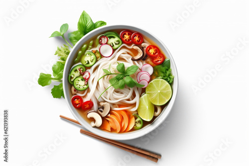 asian dish broth traditional soup diet food white bowl background noodle. Generative AI.